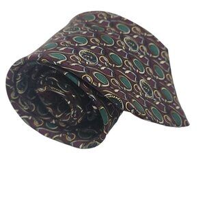 Vintage CC Hughes Silk Necktie With Green & Burgundy Geometric Pattern